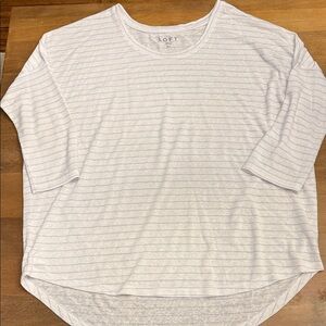 LOFT Xl Linen looking White Top with Light Blue Stripes, Scoop Neck
